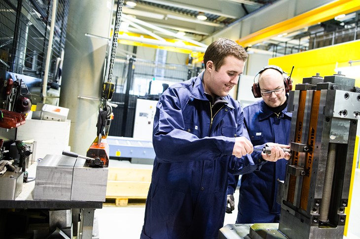 Employe works at the factory producing winch blocks  i Kongsberg, Norway