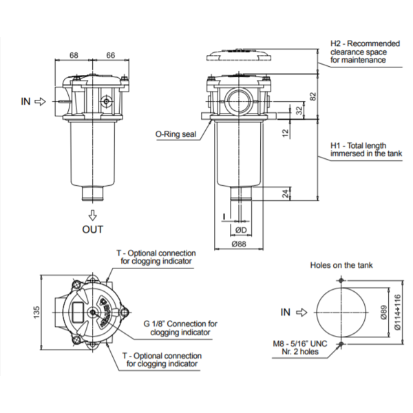 Lavtrykks returfilter for tanktopp