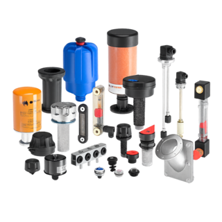 Samlebilde av tilbehør til hydrauliske filter og systemer, inkludert filterhus og filterelementer, tilstoppingsindikatorer, trykk-/vakuummålere, O-ringer/tetninger, slange- og rørkoblinger, pustefilter/luftavfuktere, magnetstaver og monteringsbraketter.