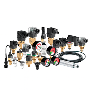 Samlebilde av MP Filtri filterindikatorer for hydraulikksystemer, inkludert visuelle/mekaniske og elektriske tilstoppingsindikatorer for å overvåke filtertilstand og differansetrykk.