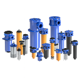 Samlebilde av MP Filtri returfilter for hydraulikk, inkludert tankmonterte og in-line/spin-on varianter med filterhus og elementer, bypassventil og tilstoppingsindikatorer.