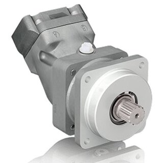 Bilde av en hydraulisk aksialstempelmotor med motorhus, utgående aksel og trykk-/returporter for tilkobling til hydraulikksystem.