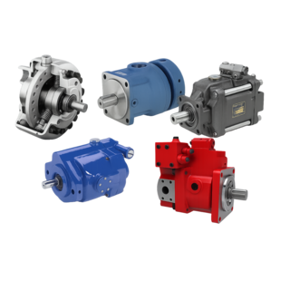 Samlebilde av fem ulike hydrauliske stempelpumper i radial-, aksial- og reversible varianter, for høytrykk og høy effektivitet, med presis styring, flere trykkuttak og bred mediekompatibilitet.
