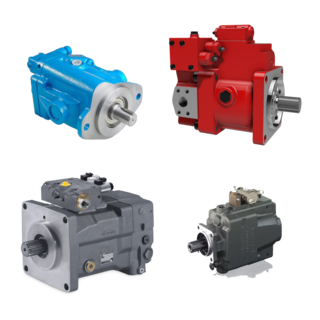 Composite image of five different axial piston pumps for industrial and mobile hydraulics, showing housings, mounting flanges, shafts and suction/pressure ports, with a wide range of controls/regulators (e.g., pressure compensator and load-sensing) for high efficiency and a wide pressure range.