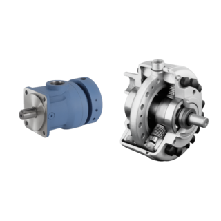 Composite image of two reversible piston pumps for demanding industrial systems, featuring constant flow direction regardless of shaft rotation, multiple pressure ports, broad oil compatibility, and pressures up to 1380 bar.