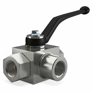 Bilde av hydraulisk kuleventil med hendel, ventilhus og inn-/utløpsporter for rask av/på-stenging og robust tetting i høytrykksanlegg.