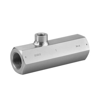 Bilde av hydraulisk sjekkventil/tilbakeslagsventil med ventilhus og porter, som slipper gjennom flow én vei og hindrer tilbakeslag i systemet.