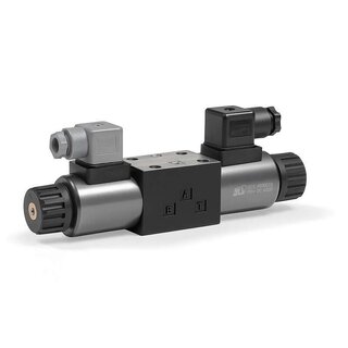 Image of a hydraulic directional valve with body, spool and solenoids, featuring ports (P, T, A, B) to route oil flow between actuators such as cylinders and motors.