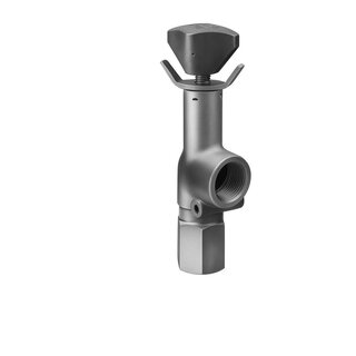 Bilde av hydraulisk trykkbegrensningsventil med justerskrue/knott, fjær og ventilsete/pilotdel, som åpner mot tank for å beskytte systemet og begrense maks. trykk.