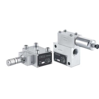 Image of a hydraulic sequence valve with adjustment screw/pilot stage and inlet/outlet ports, opening at a preset pressure to control the operation sequence between functions in the circuit.