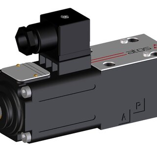 Bilde av proporsjonal trykkreduksjonsventil med ventilhus, spole/slide og proporsjonal-magnet (solenoid), styrt med elektrisk signal for presis regulering av trykk og volumstrøm i hydraulikksystemer.