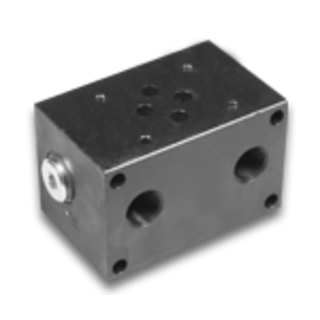 Bilde av ventilblokk/manifold for hydrauliske systemer med bearbeidede kanaler, tilkoblingsporter og monteringshull, med cavity-hus for patronventiler og CETOP-subplategrensesnitt for modulære ventilstakker.