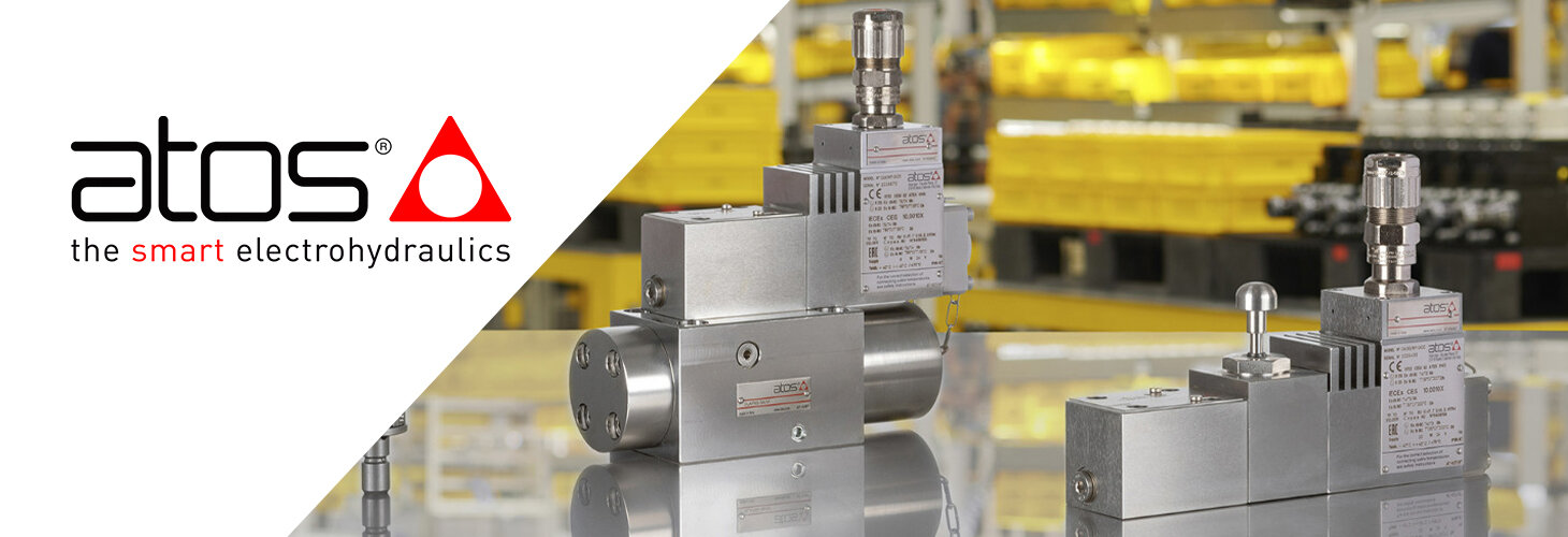 Logo ATOS med subline the smart electrohydraulics med bilde av ventiler