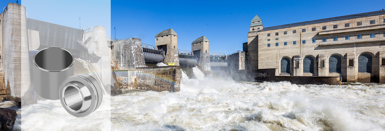 Sliding bearings and an image of hydro power station Solbergfoss in Norway