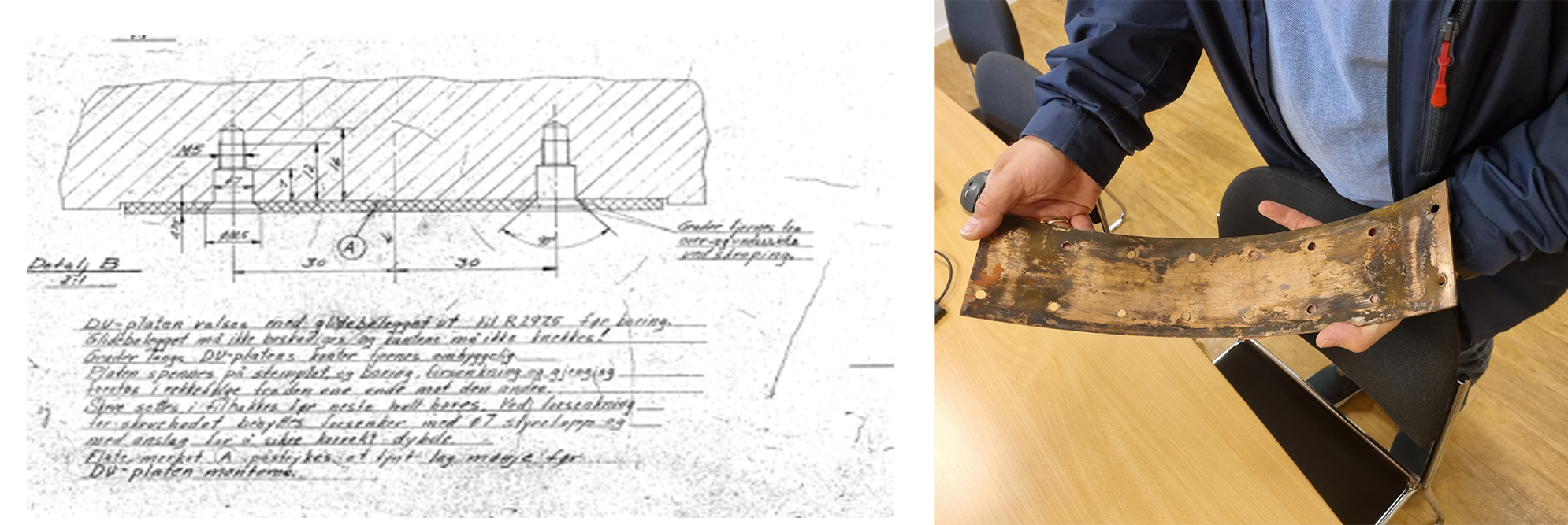 Tegning fra 1969 med bruk av glidelager med DU-materiell - og et bilde av lagringen etter 55 år i bruk 