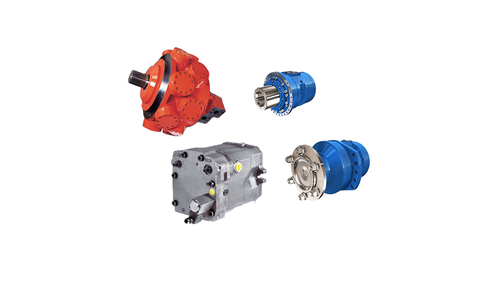 Image of four hydraulic motors from Kawasaki, Hawe, poclain and Moog
