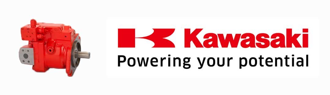 Bilde av Kawasaki Hydraulics logo og en hydraulikkpumpe K3VL rød