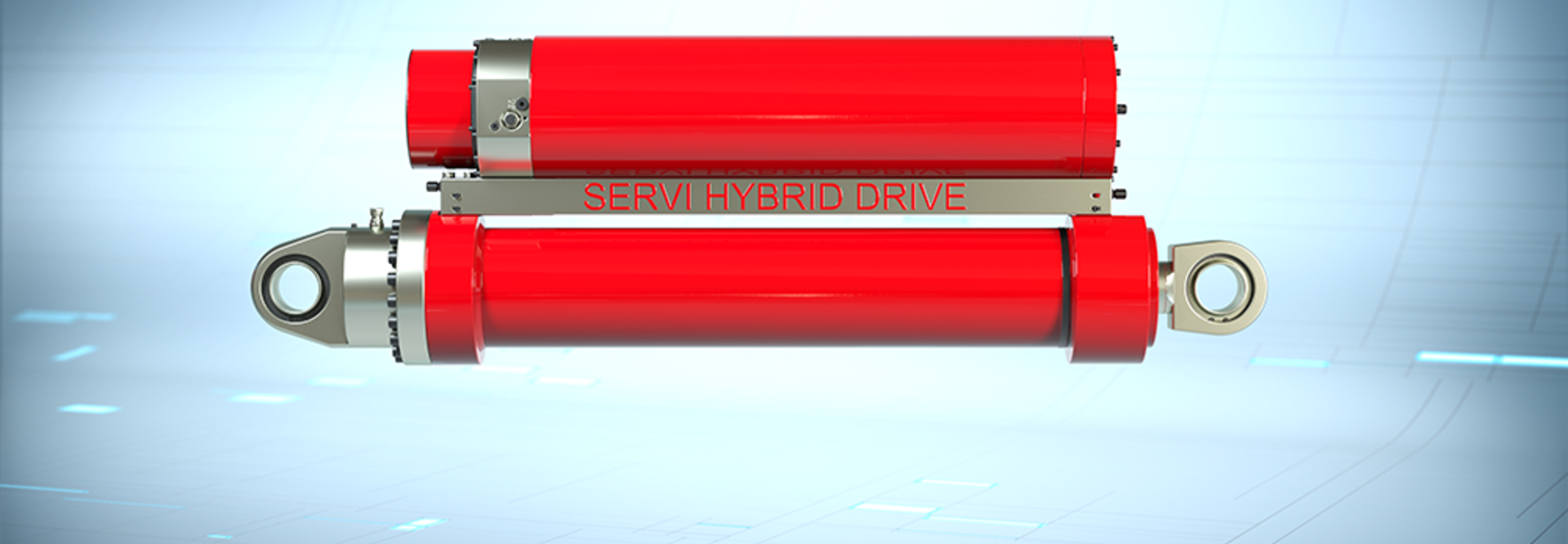 Illustrasjon av produktet “Servi Hybrid drive”, en komplett rød hydraulikksylinder med elektrisk tilkobling