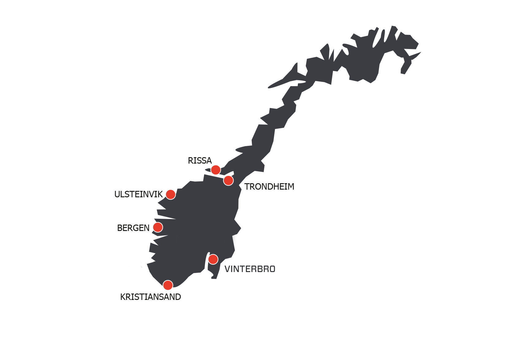 Map of Norway with dots that showes Servi Group offices